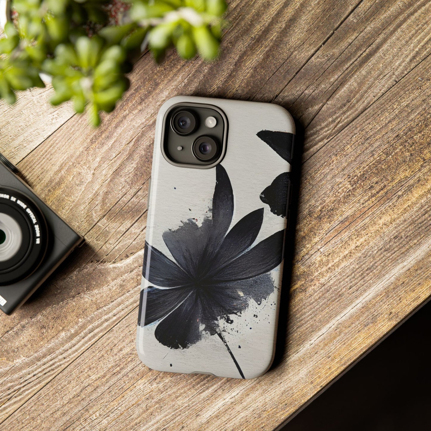 Monochrome Floral Tough Phone Case — Black Ink Flower Protective Cover