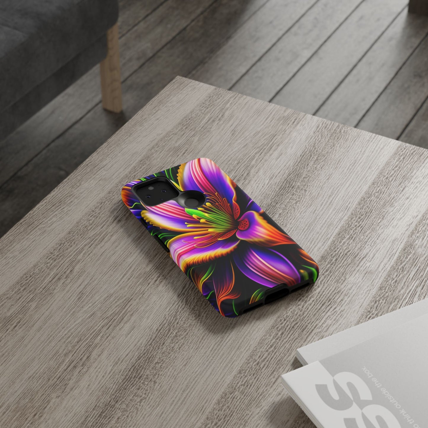 Floral Neon Tough Phone Case — Vivid Purple & Orange Lily Protective Cover