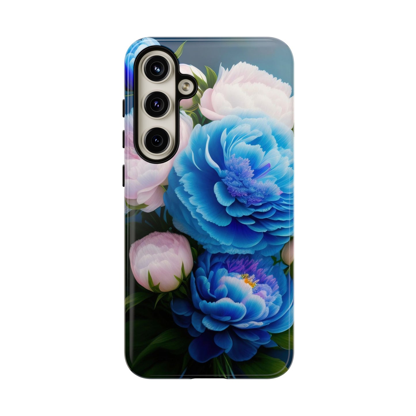 Floral Blue Peony Phone Case — Protective Tough Case with Pink & Blue Blooms