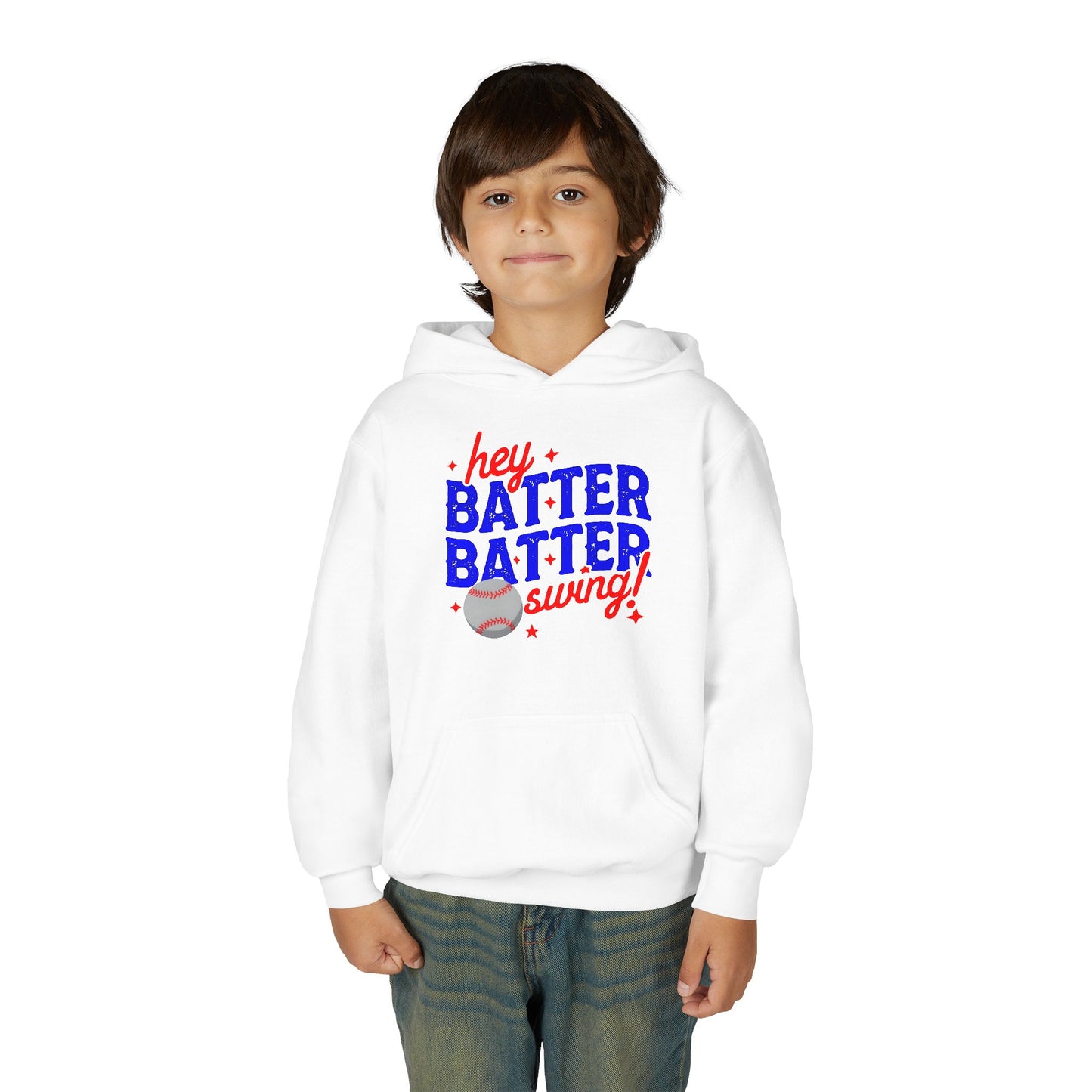 Youth Baseball Hoodie — "Hey Batter Batter Swing!" Graphic