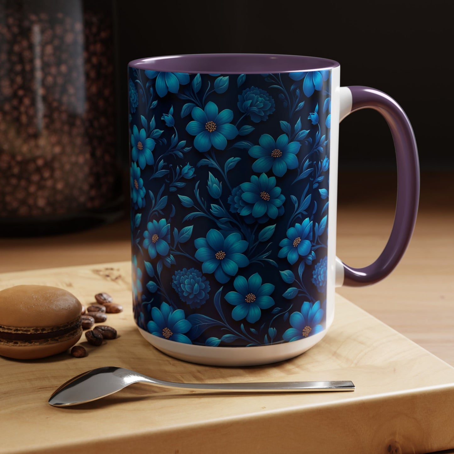 Floral Accent Coffee Mug, Blue Flower Mug, Ceramic Coffee Cup, Gift for Her, Nature-Themed Drinkware, Floral Home Decor, Unique Mug