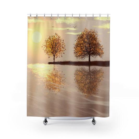 Autumn Reflection Shower Curtain — Golden Trees Sunrise Bathroom Decor