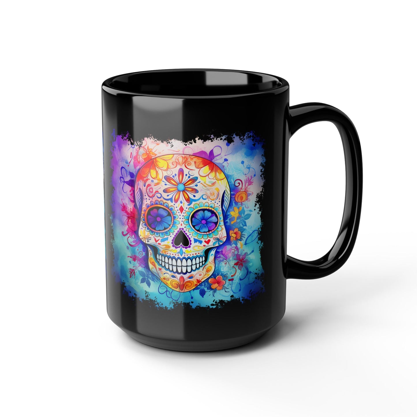 15oz Black Mug — Colorful Watercolor Sugar Skull Coffee Cup