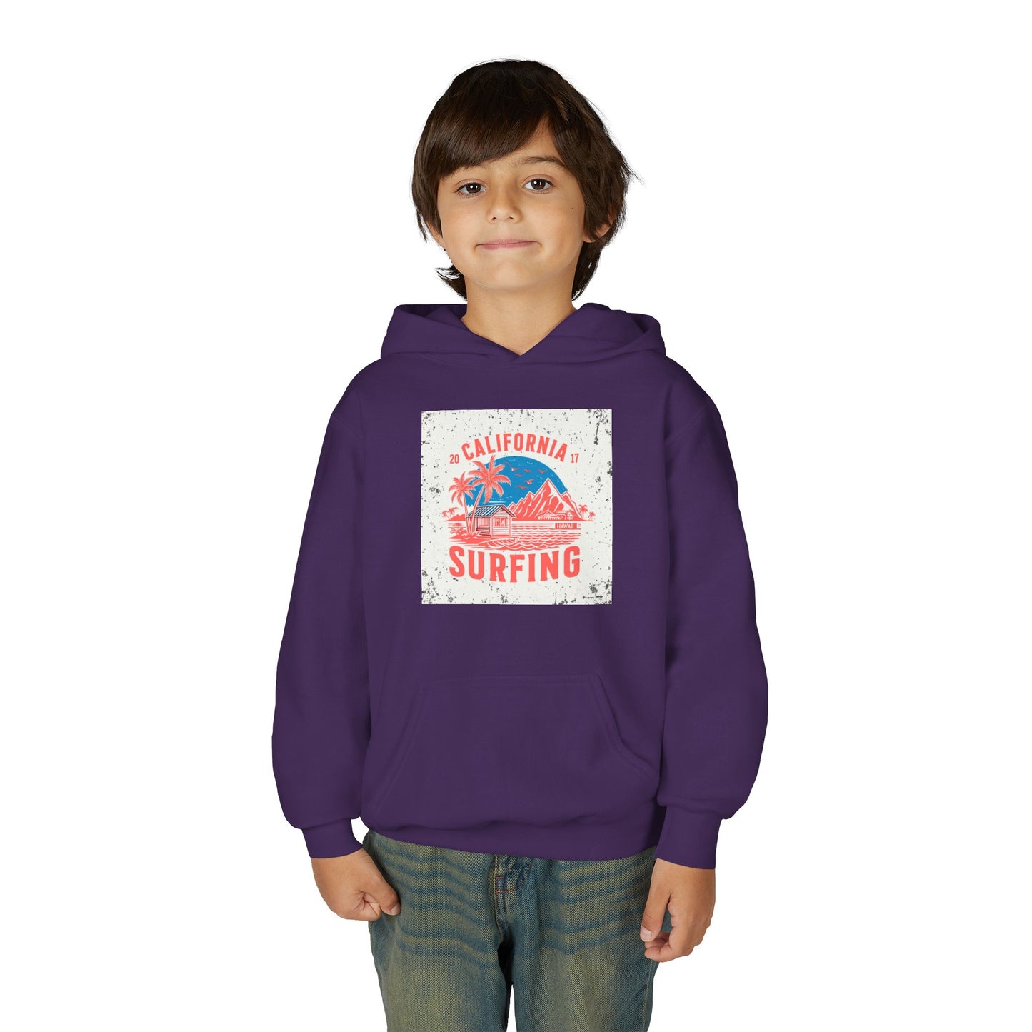California Surfing Youth Hoodie — Retro Beach Palm Tree Surf Graphic