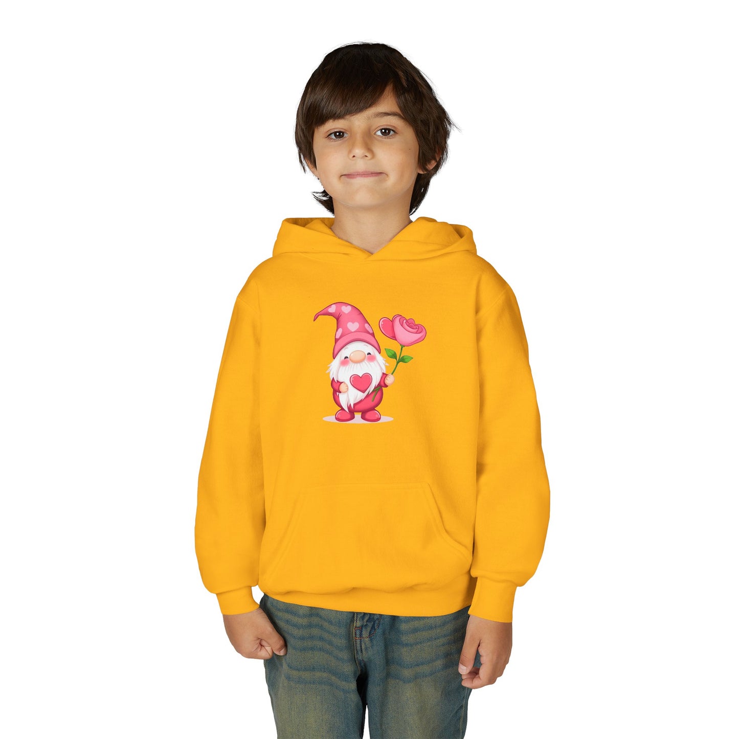 Valentine Gnome Kids Hoodie — Cute Pink Gnome Holding Rose Youth Sweatshirt