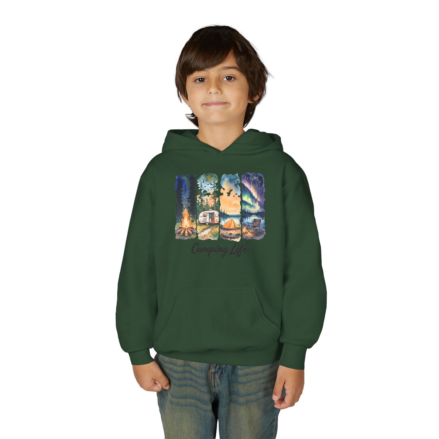Youth Camping Life Hoodie — Scenic Campfire, Tent & Camper Pullover