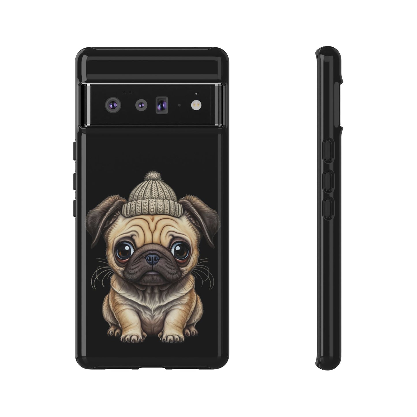 Pug Phone Case – Cute Pug Puppy Illustration on Black Tough Case