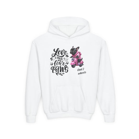 Youth Hoodie — "Love Has Four Paws" Pink Scooter French Bulldog Graphic