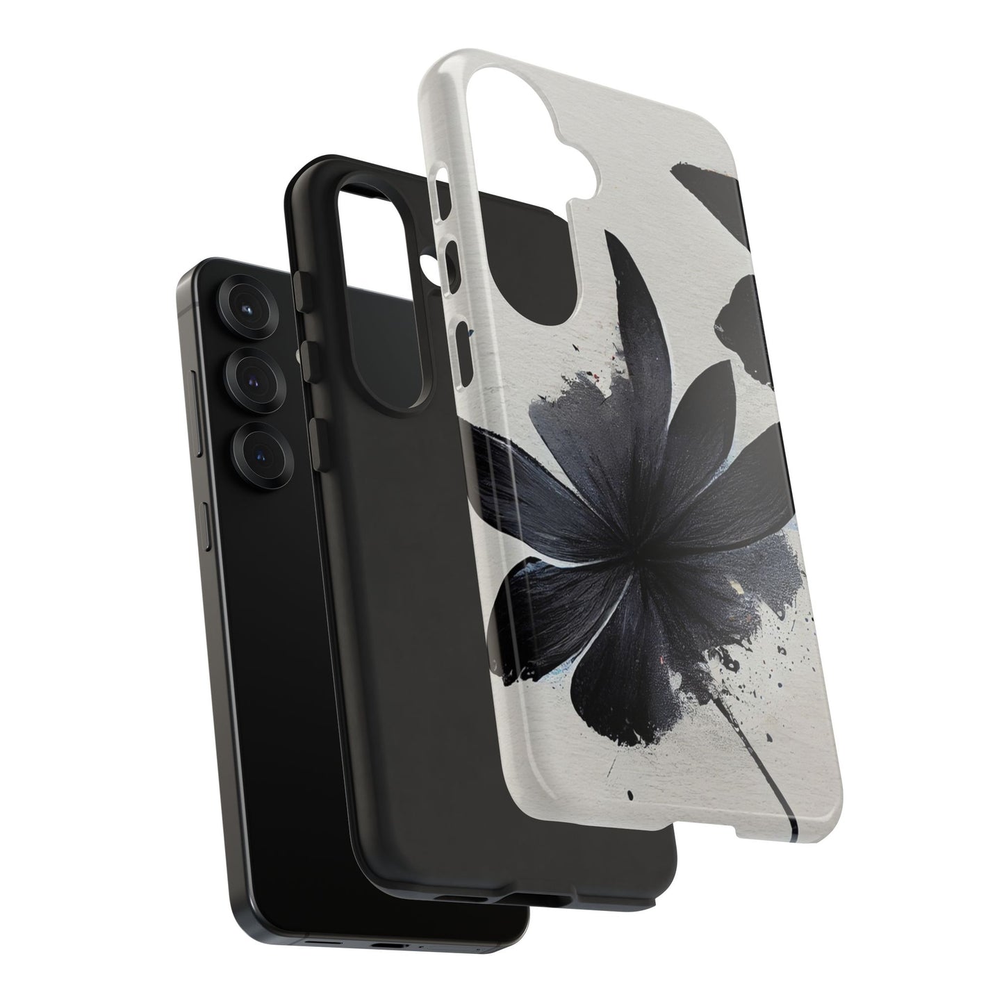 Monochrome Floral Tough Phone Case — Black Ink Flower Protective Cover