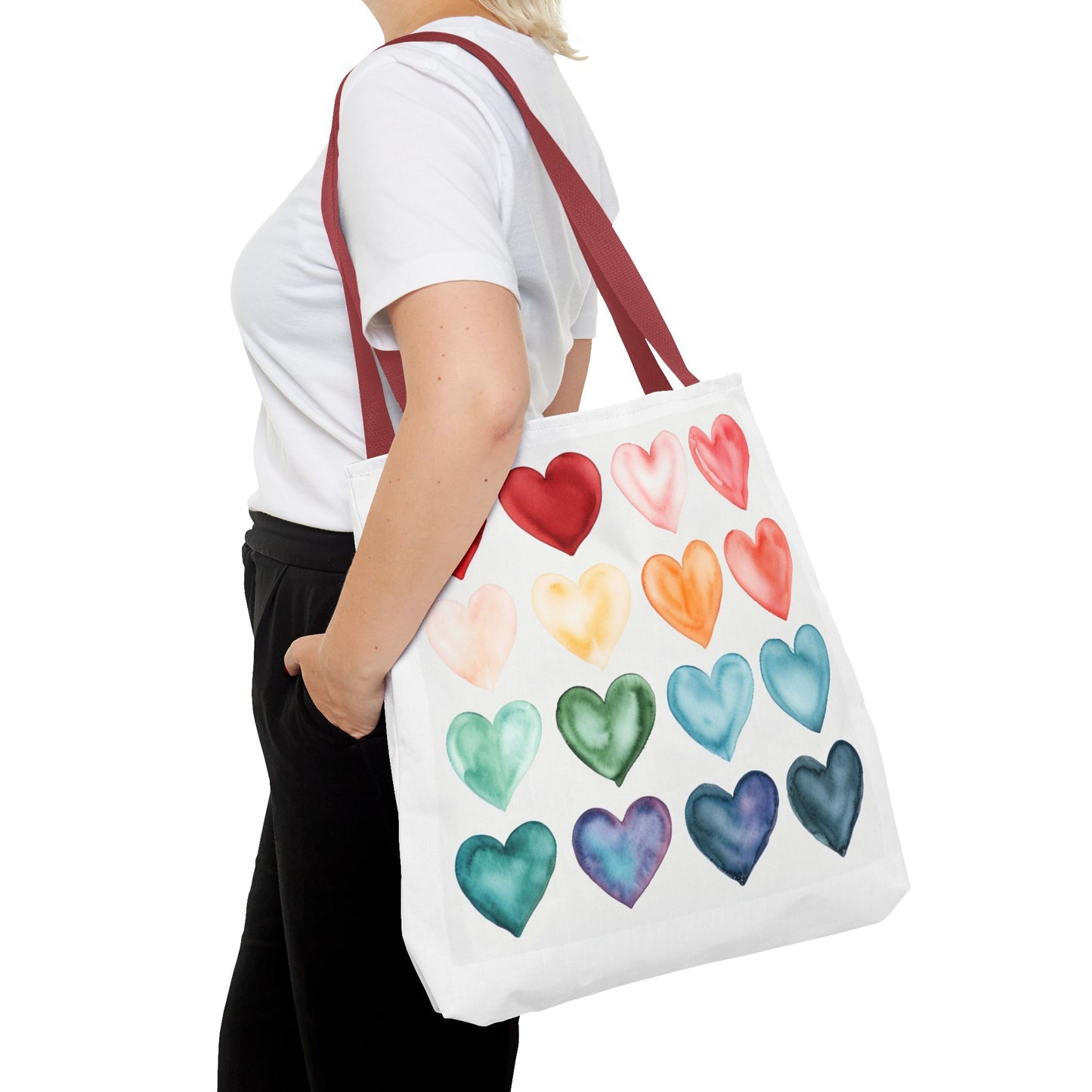 Watercolor Rainbow Hearts Tote Bag — Colorful Heart Pattern Beach & Market Tote