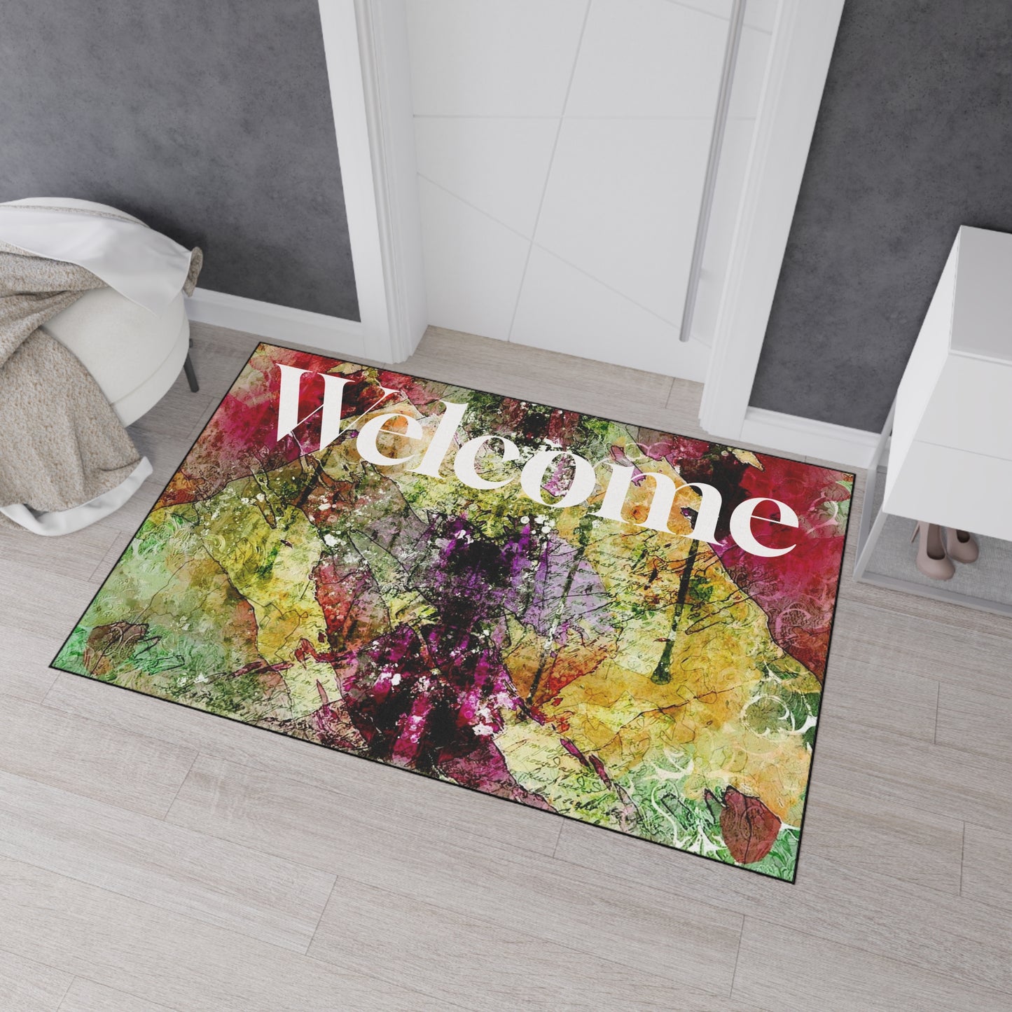 Welcome Floral Heavy Duty Floor Mat — Colorful Abstract Entry Rug