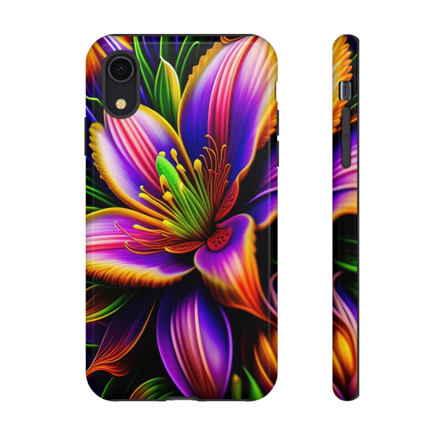 Floral Neon Tough Phone Case — Vivid Purple & Orange Lily Protective Cover