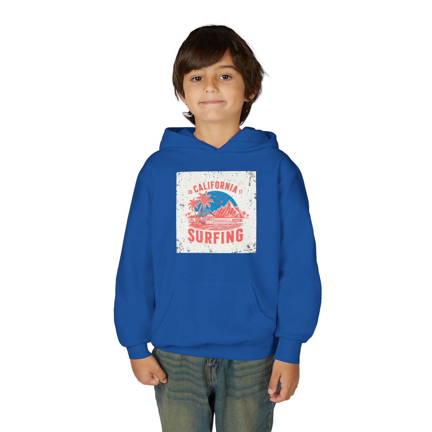 California Surfing Youth Hoodie — Retro Beach Palm Tree Surf Graphic
