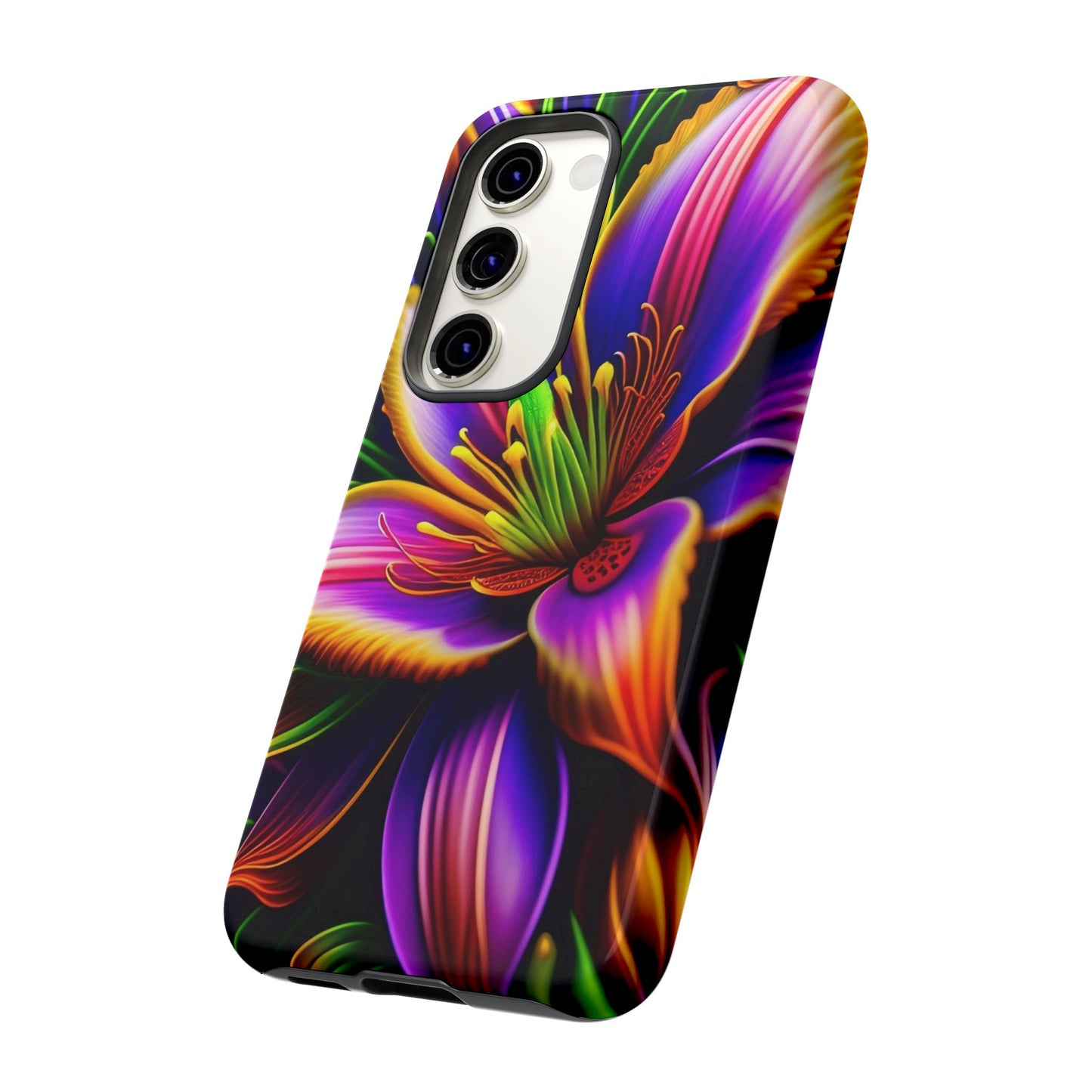 Floral Neon Tough Phone Case — Vivid Purple & Orange Lily Protective Cover
