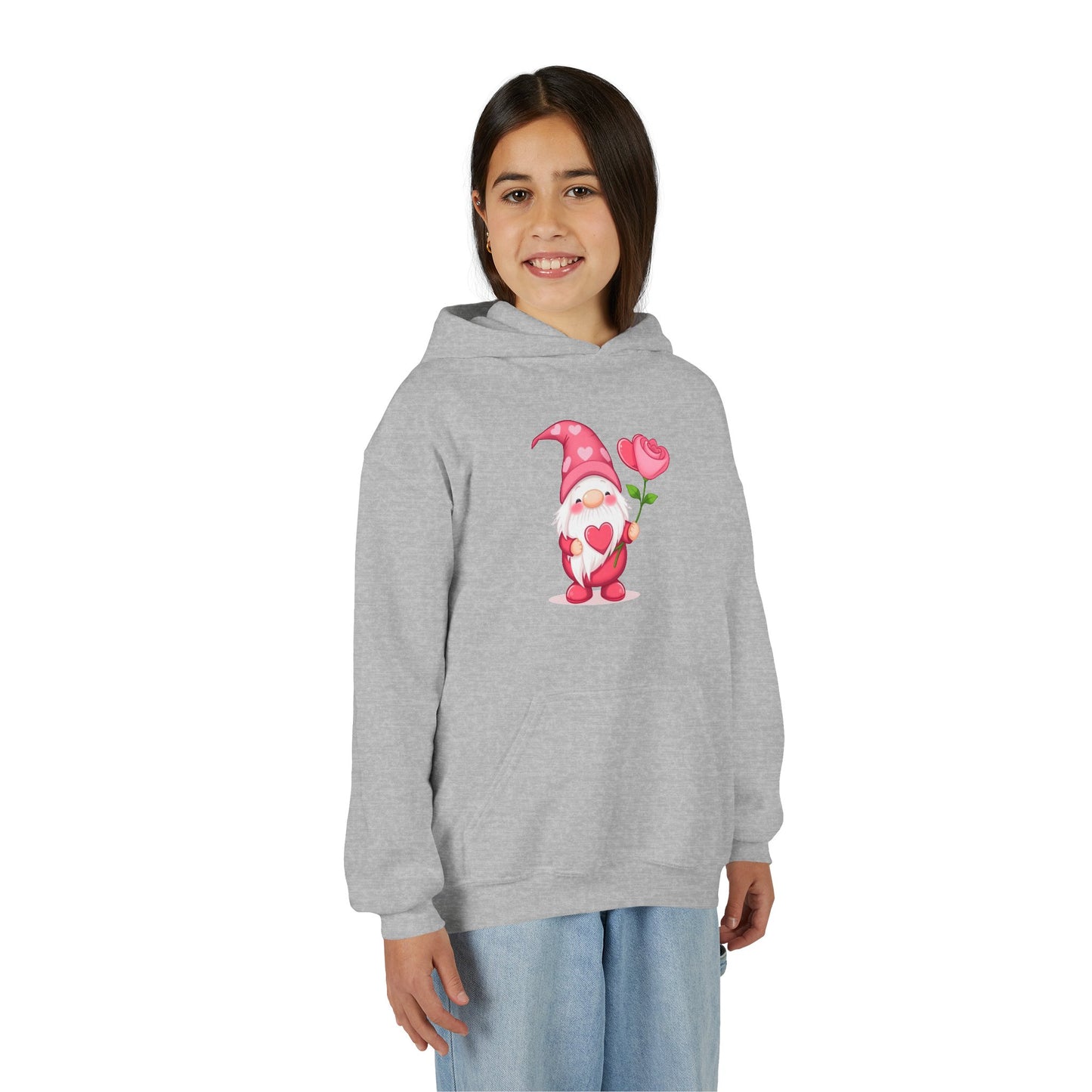 Valentine Gnome Kids Hoodie — Cute Pink Gnome Holding Rose Youth Sweatshirt