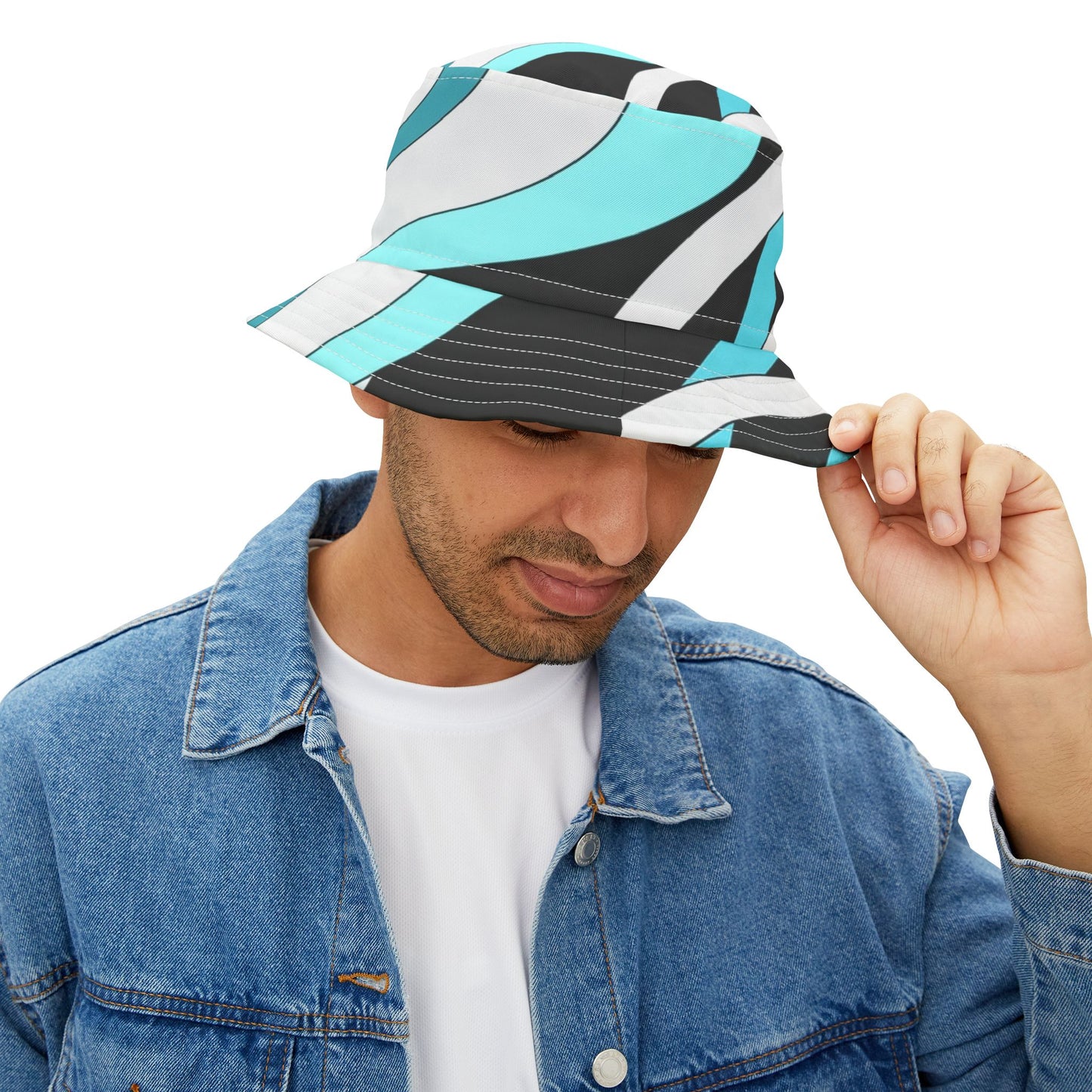 Turquoise Wave Bucket Hat — Retro Swirl Pattern Sun Hat