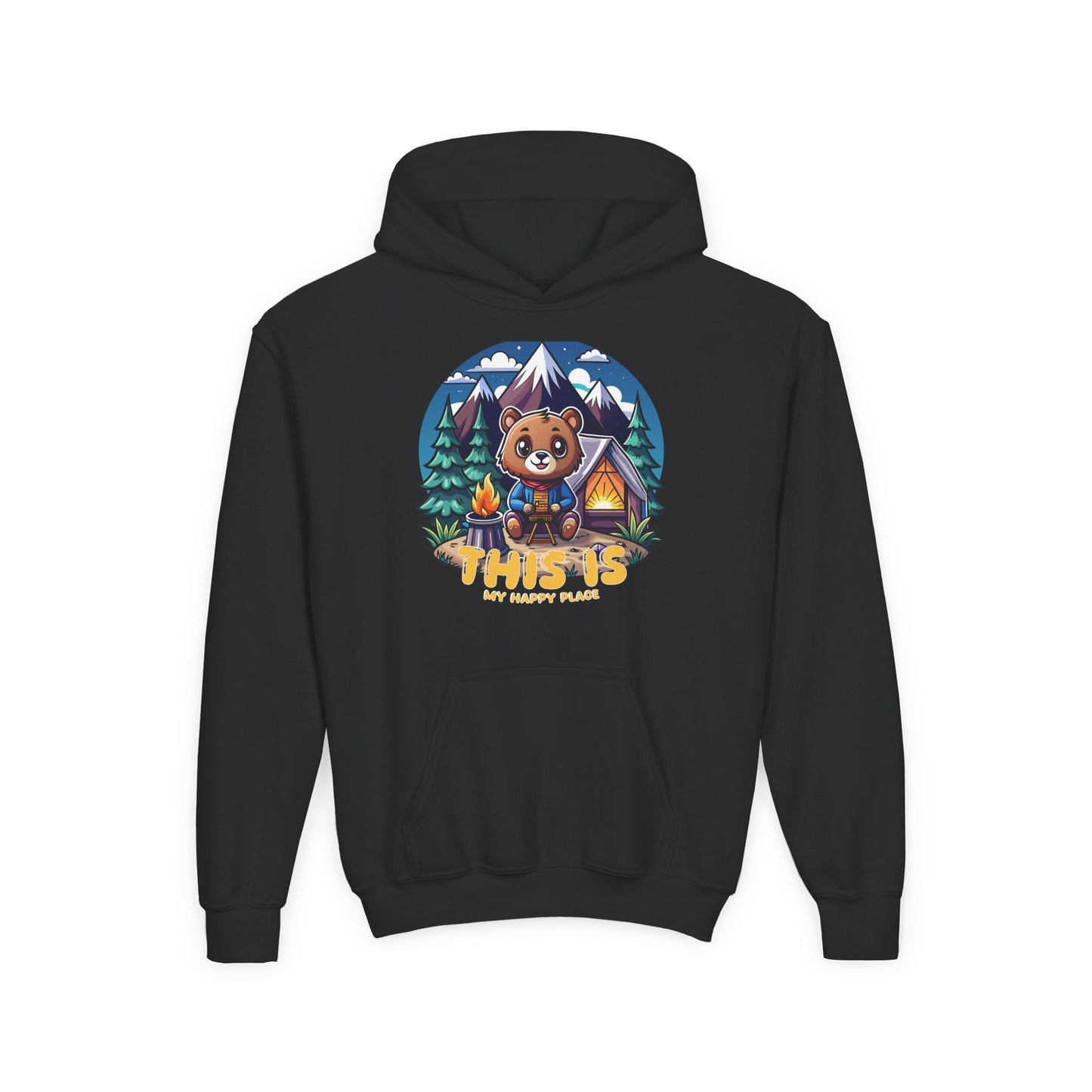 Youth Bear Camping Hoodie — "This is My Happy Place" Cozy Kid’s Outdoor Sweatshirt