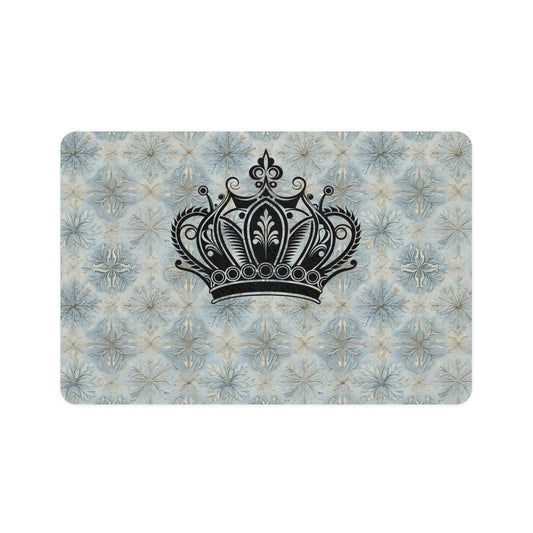 Crown Pattern Pet Food Mat — Royal Blue Decorative Cat & Dog Bowl Placemat (12x18)