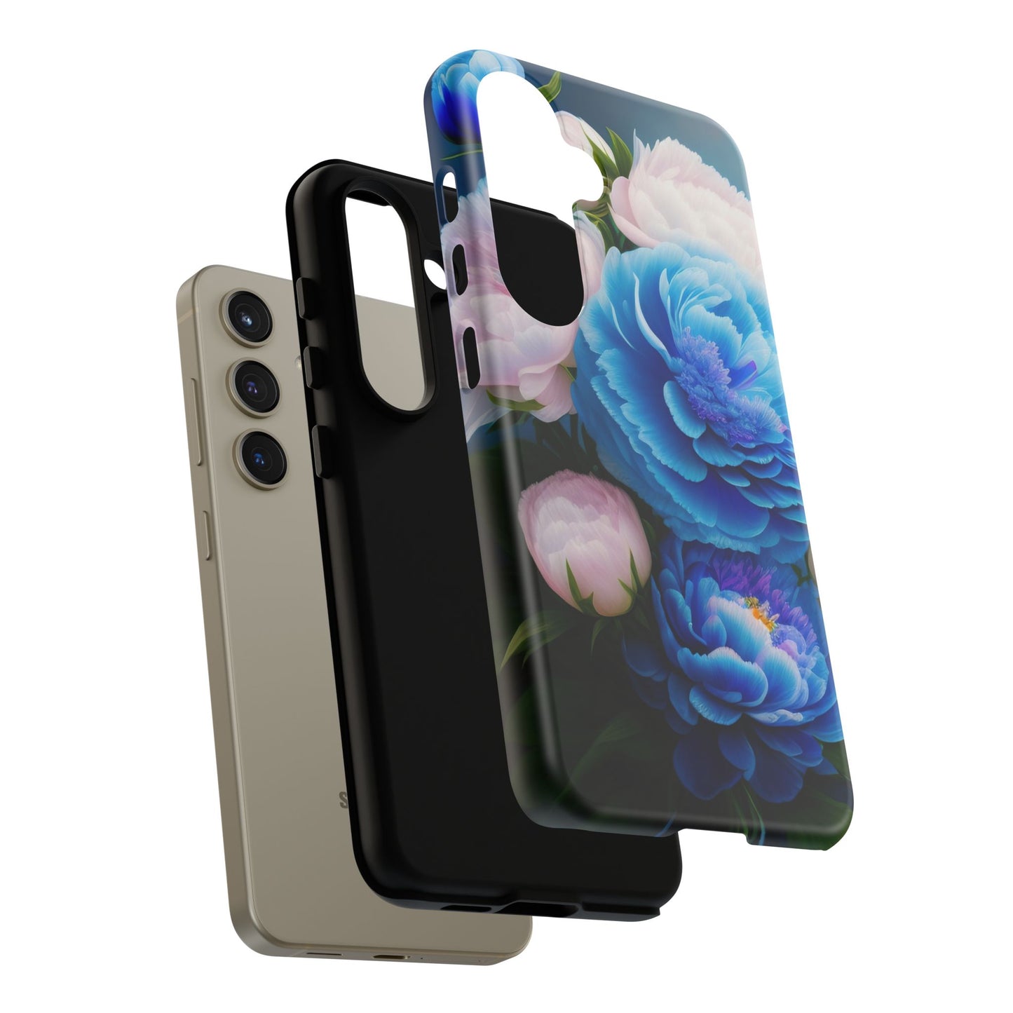 Floral Blue Peony Phone Case — Protective Tough Case with Pink & Blue Blooms