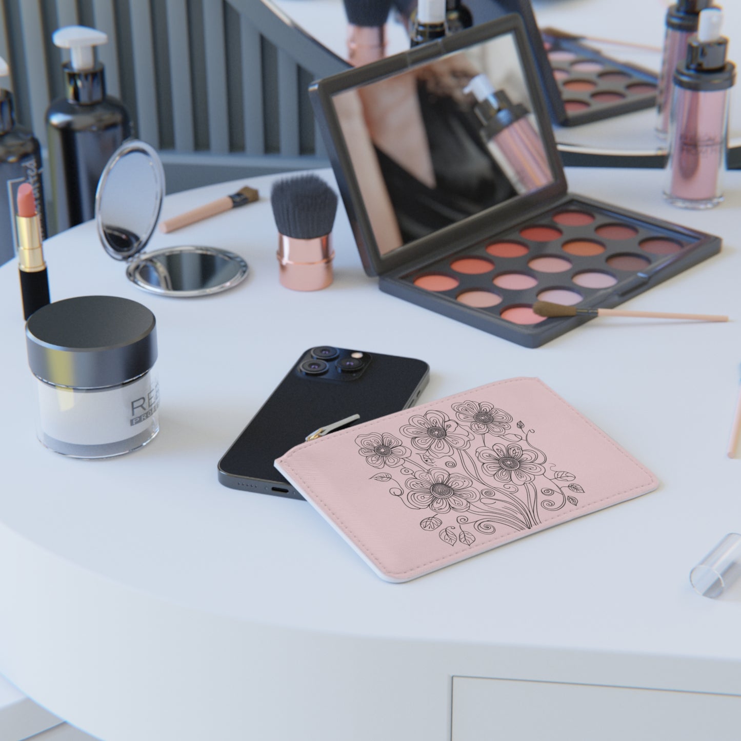 Floral Mini Clutch Bag — Pink Hand-Drawn Flower Zipper Pouch