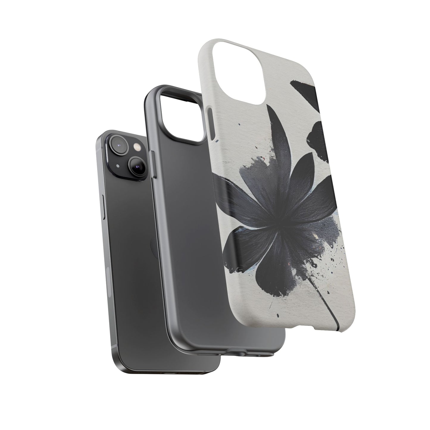 Monochrome Floral Tough Phone Case — Black Ink Flower Protective Cover