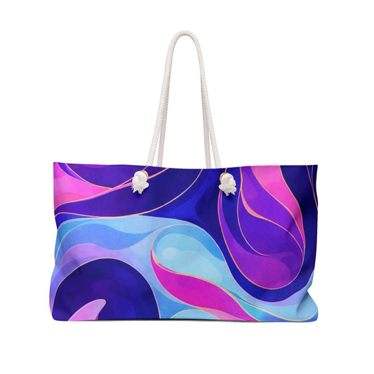 Abstract Wave Print Weekender Bag — Purple Pink Blue Carryall for Travel & Beach