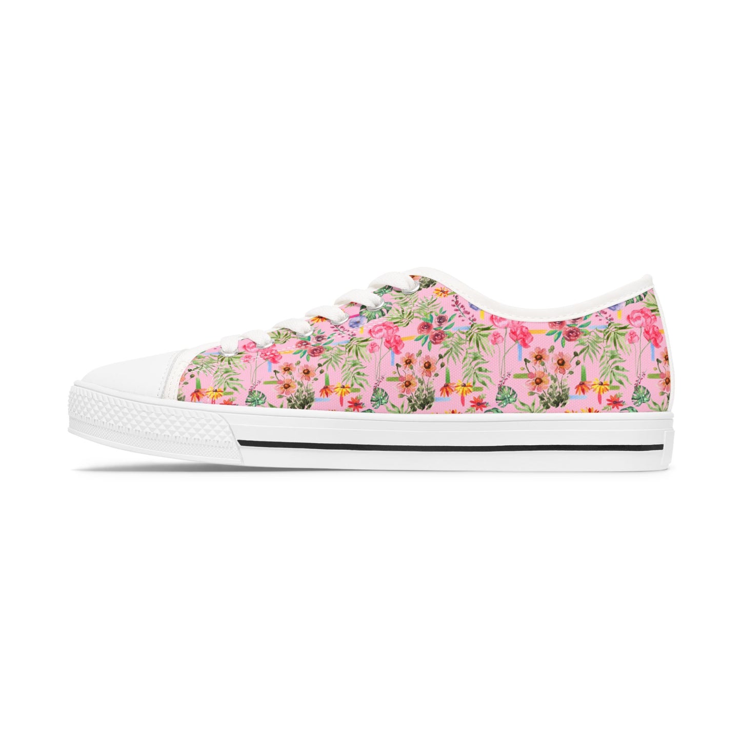 Floral Pink Low Top Sneakers — Women's Garden Print Casual Shoes