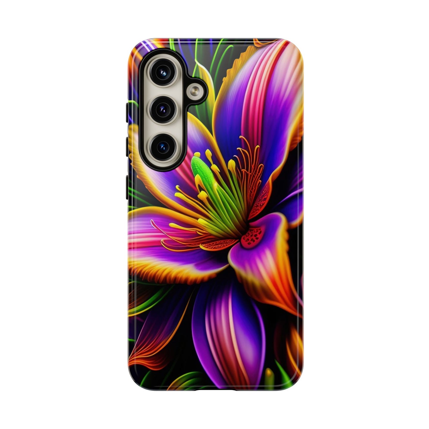 Floral Neon Tough Phone Case — Vivid Purple & Orange Lily Protective Cover