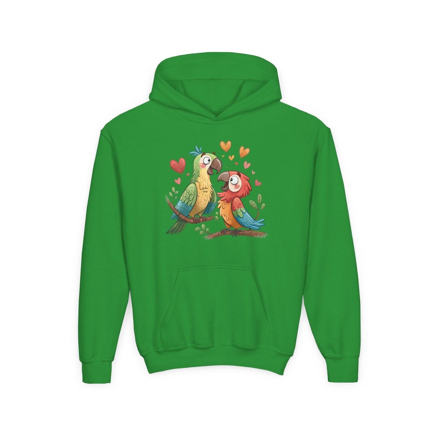 Youth Hoodie — Cute Parrot Couple Illustration (Hearts, Kids Pullover)