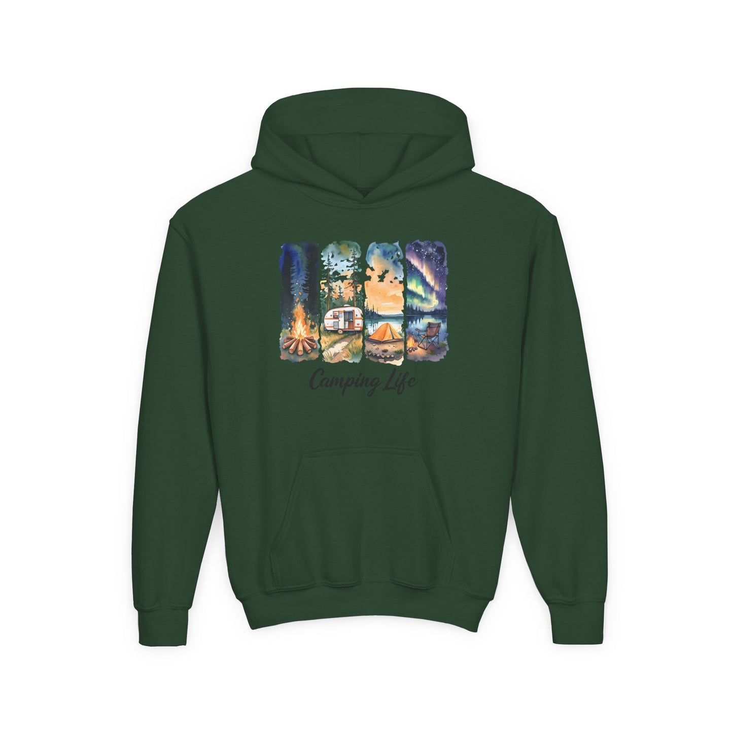 Youth Camping Life Hoodie — Scenic Campfire, Tent & Camper Pullover