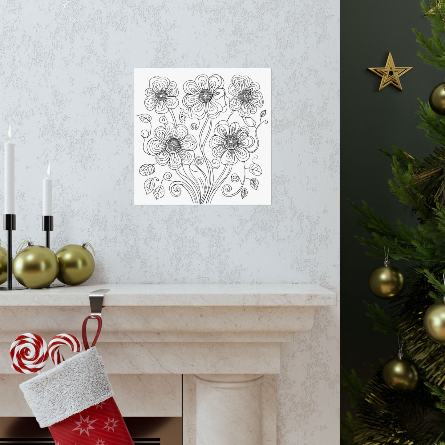 Floral Line Art Poster — Black & White Daisy Bouquet Matte Print - DIY