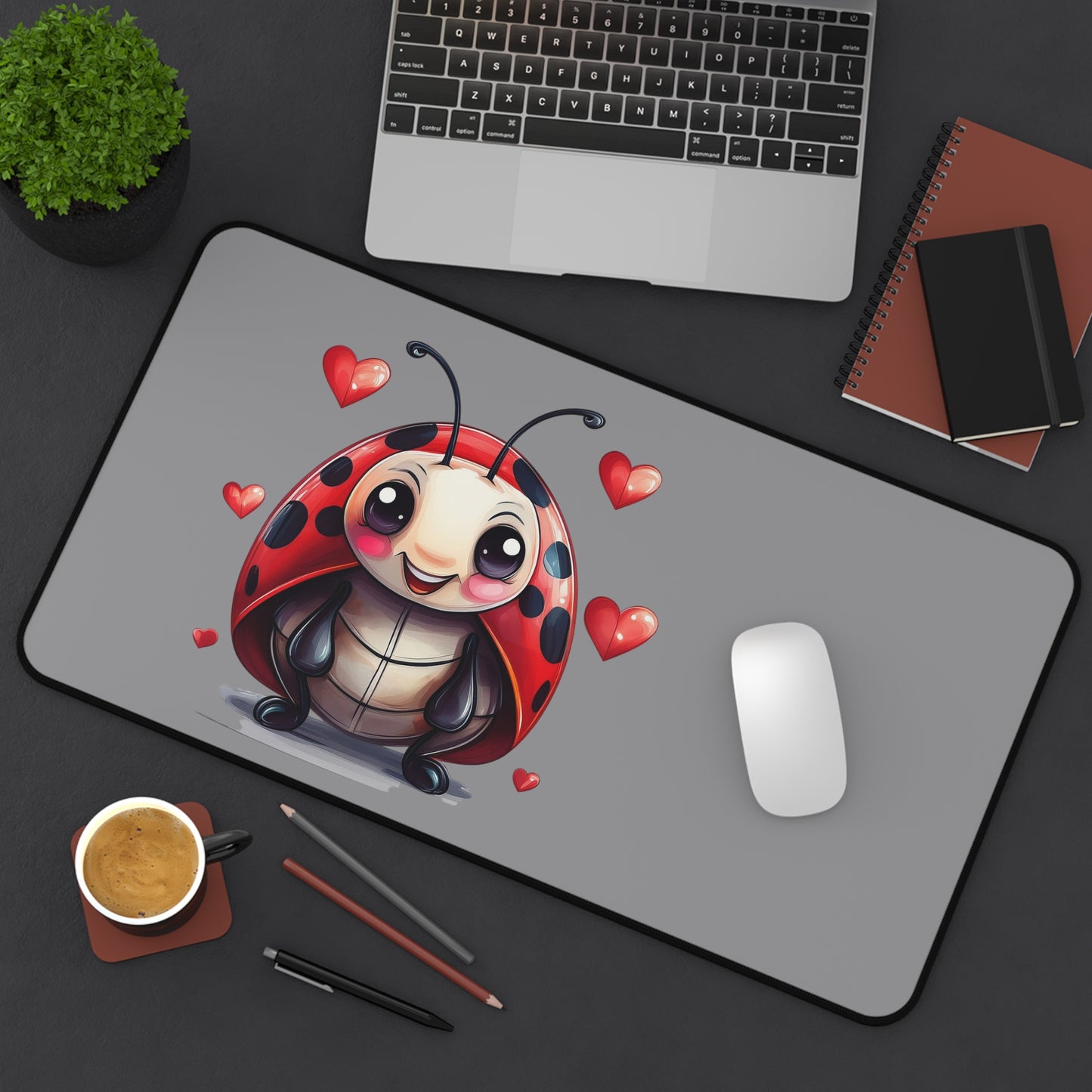 Cute Ladybug Desk Mat — Playful Mouse Pad with Heart Cartoon Design