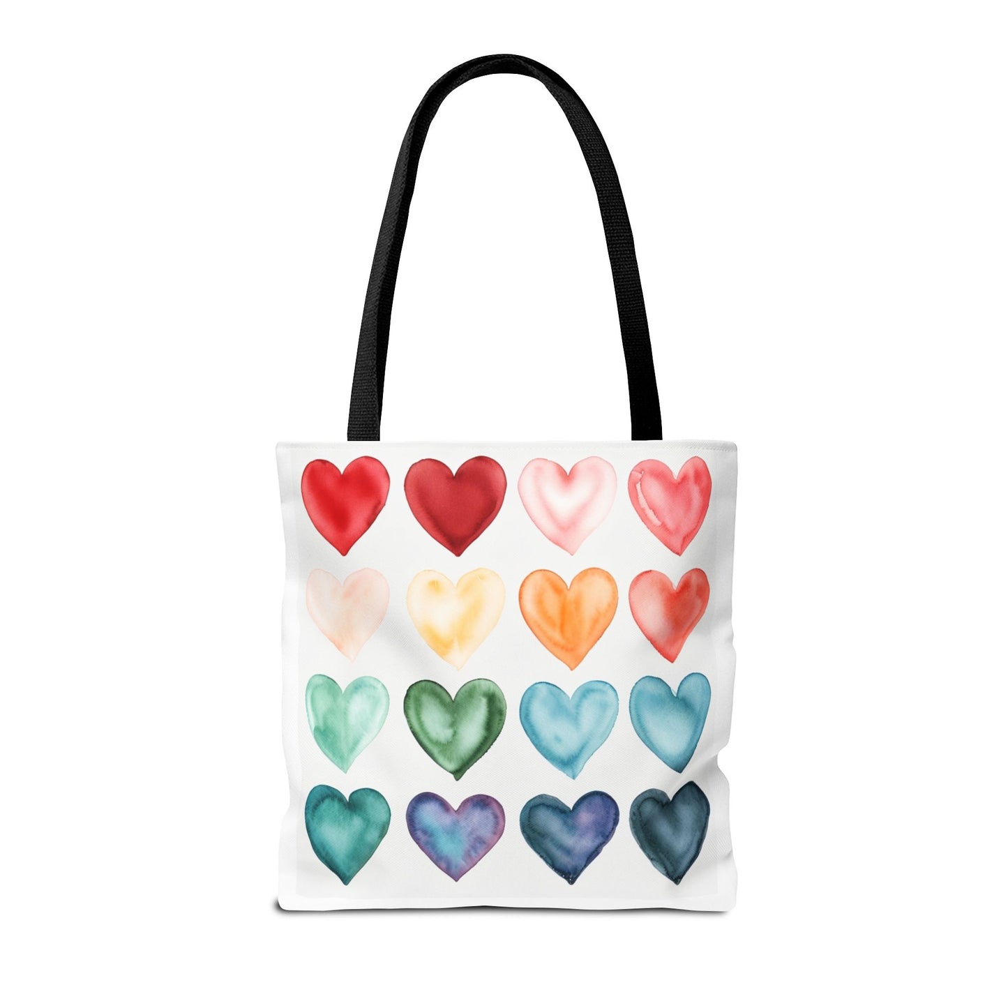 Watercolor Rainbow Hearts Tote Bag — Colorful Heart Pattern Beach & Market Tote
