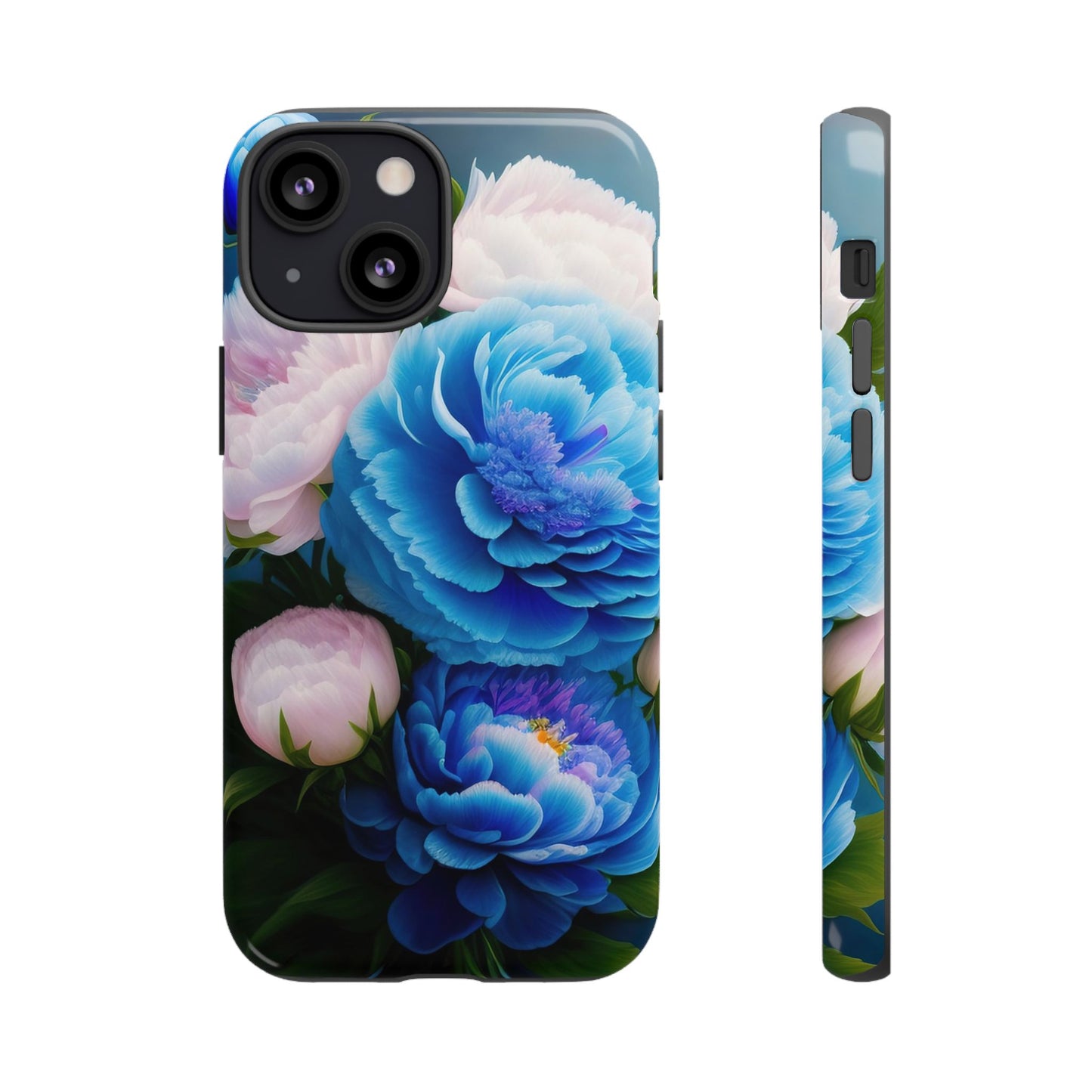 Floral Blue Peony Phone Case — Protective Tough Case with Pink & Blue Blooms