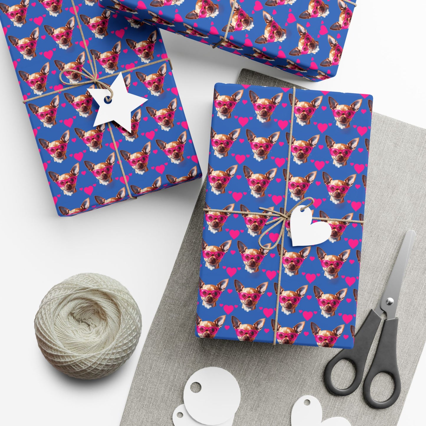 Blue Chihuahua Heart Pattern Gift Wrap Paper — Cute Dog Wrapping Sheets for Pet Lovers