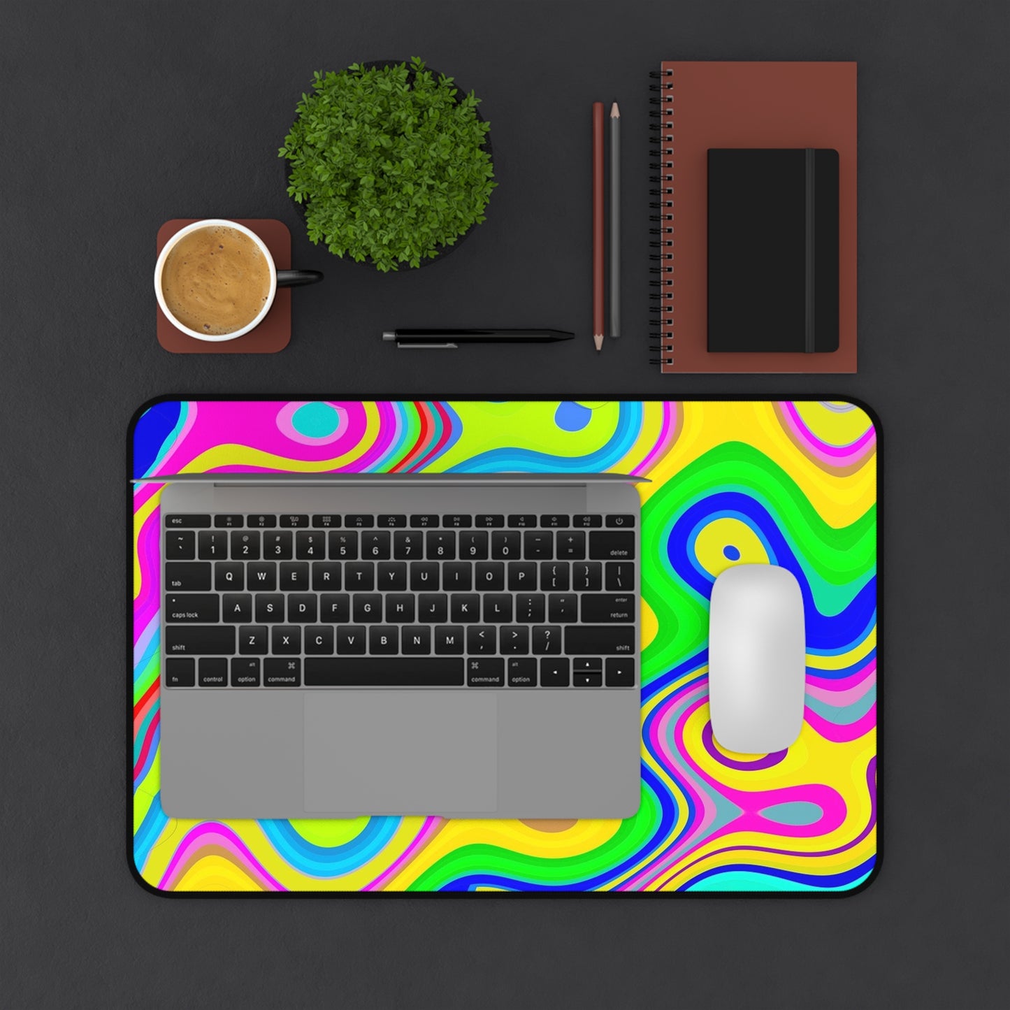 Psychedelic Swirl Desk Mat — Bright Retro Abstract Mouse Pad