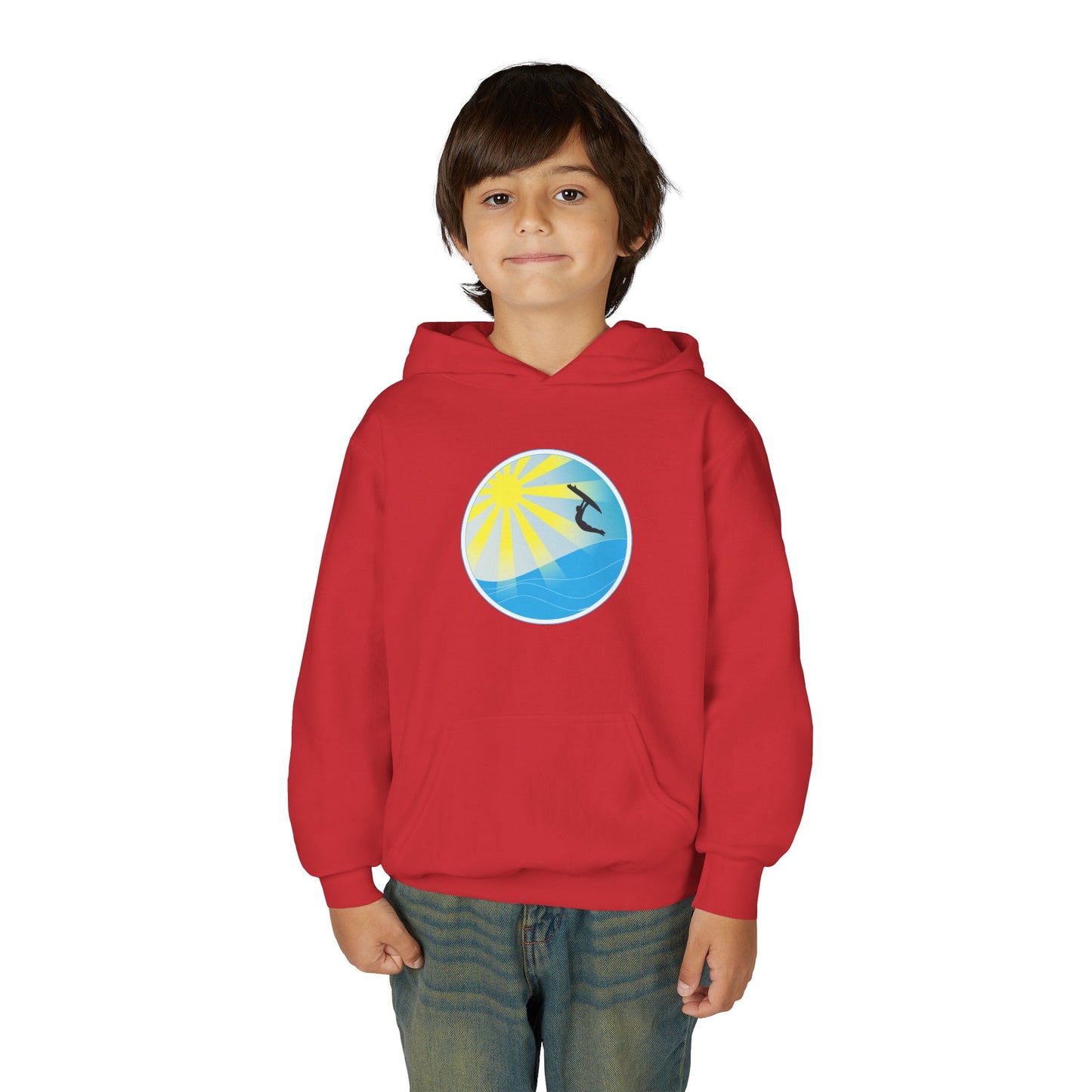 Sunrise Surf Circle Youth Hoodie | Surfing Wave Graphic
