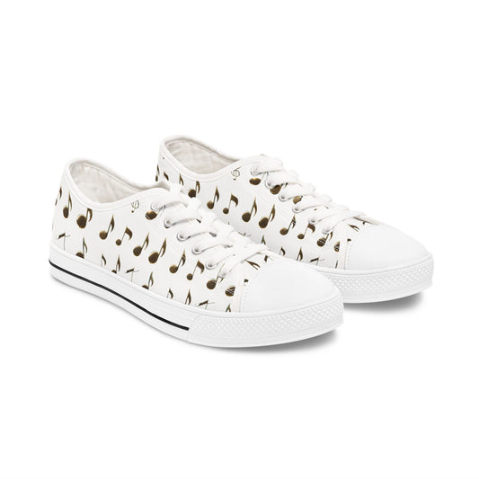 Music Note Low-Top Sneakers — White Casual Canvas Shoes with Musical Notes Pattern