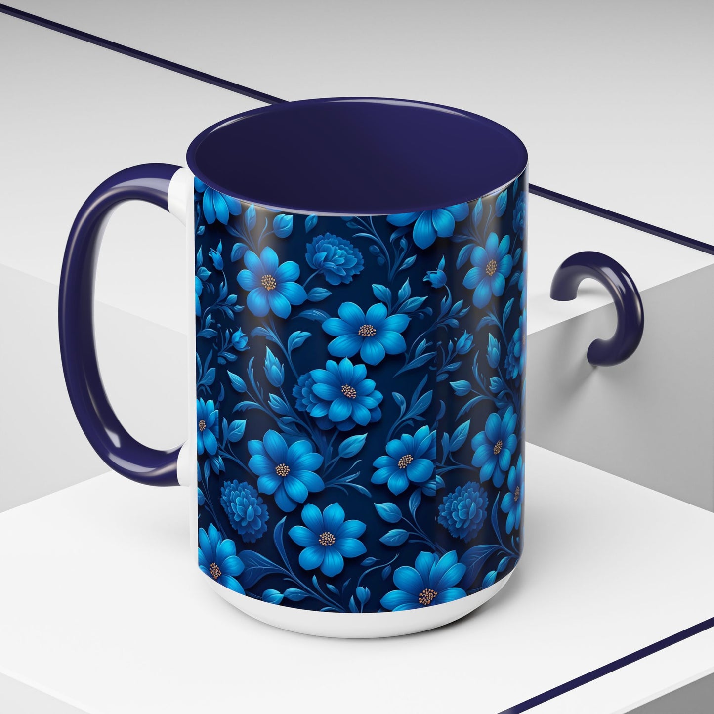 Floral Accent Coffee Mug, Blue Flower Mug, Ceramic Coffee Cup, Gift for Her, Nature-Themed Drinkware, Floral Home Decor, Unique Mug