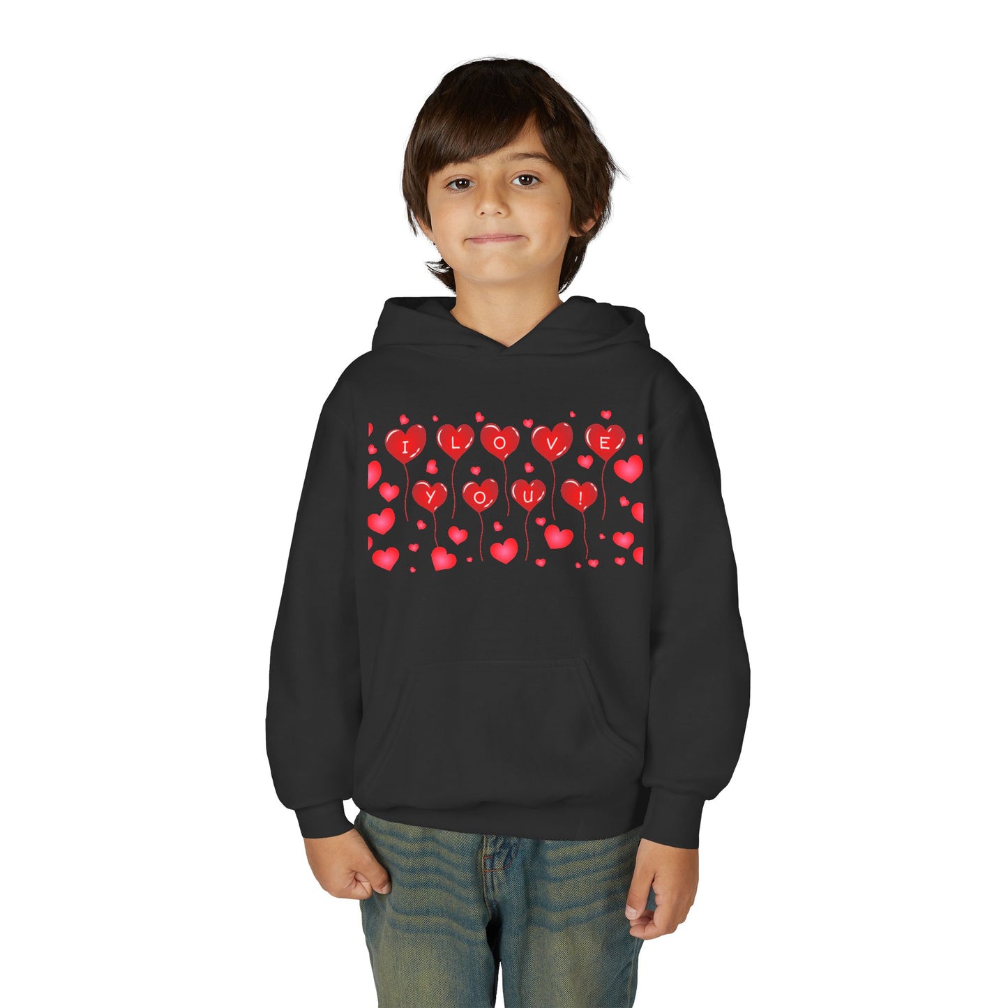Youth Hoodie — Cute Red Heart Pattern Kids Sweatshirt (Valentine’s Day)