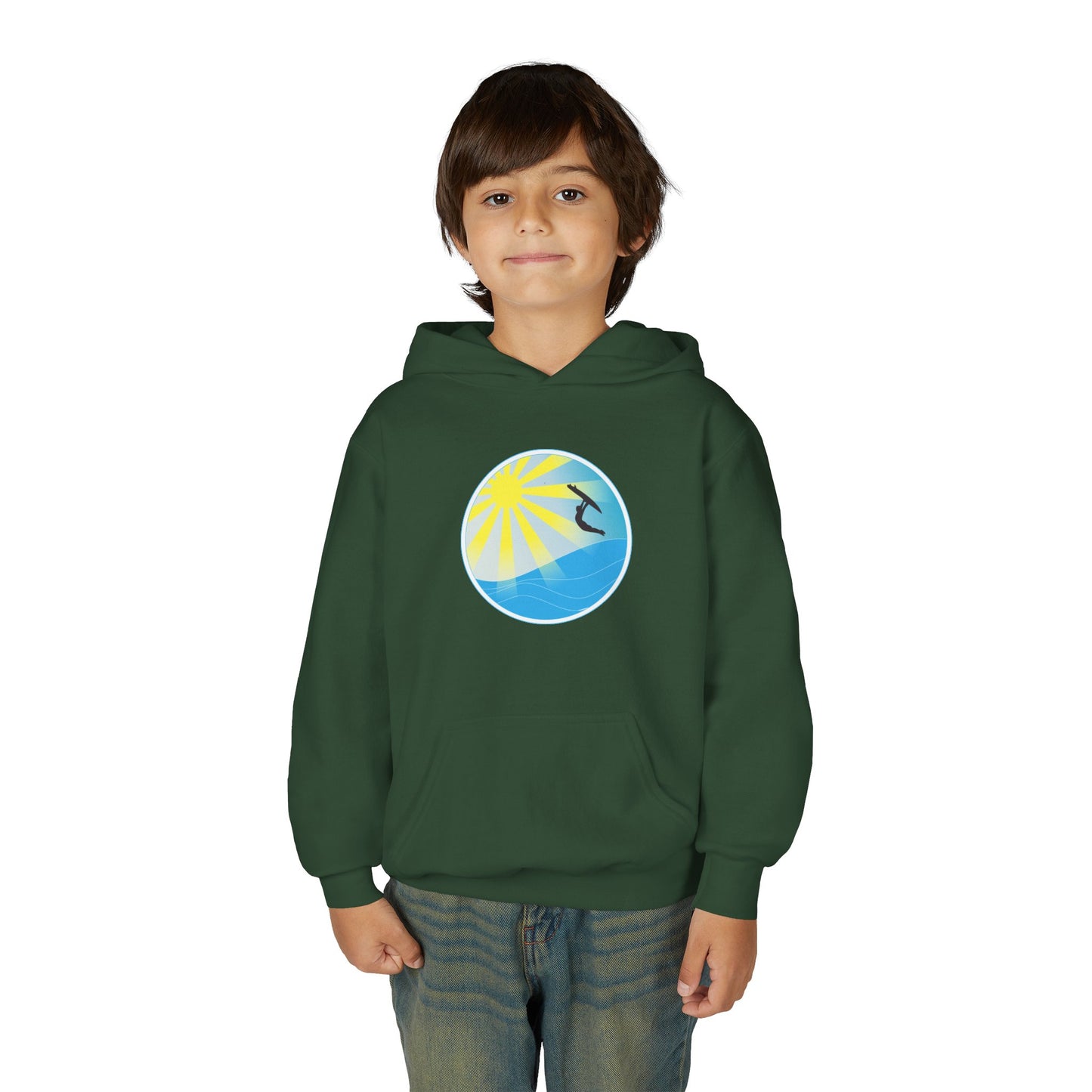 Sunrise Surf Circle Youth Hoodie | Surfing Wave Graphic