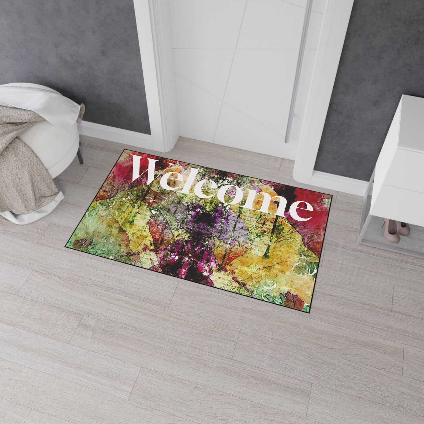 Welcome Floral Heavy Duty Floor Mat — Colorful Abstract Entry Rug