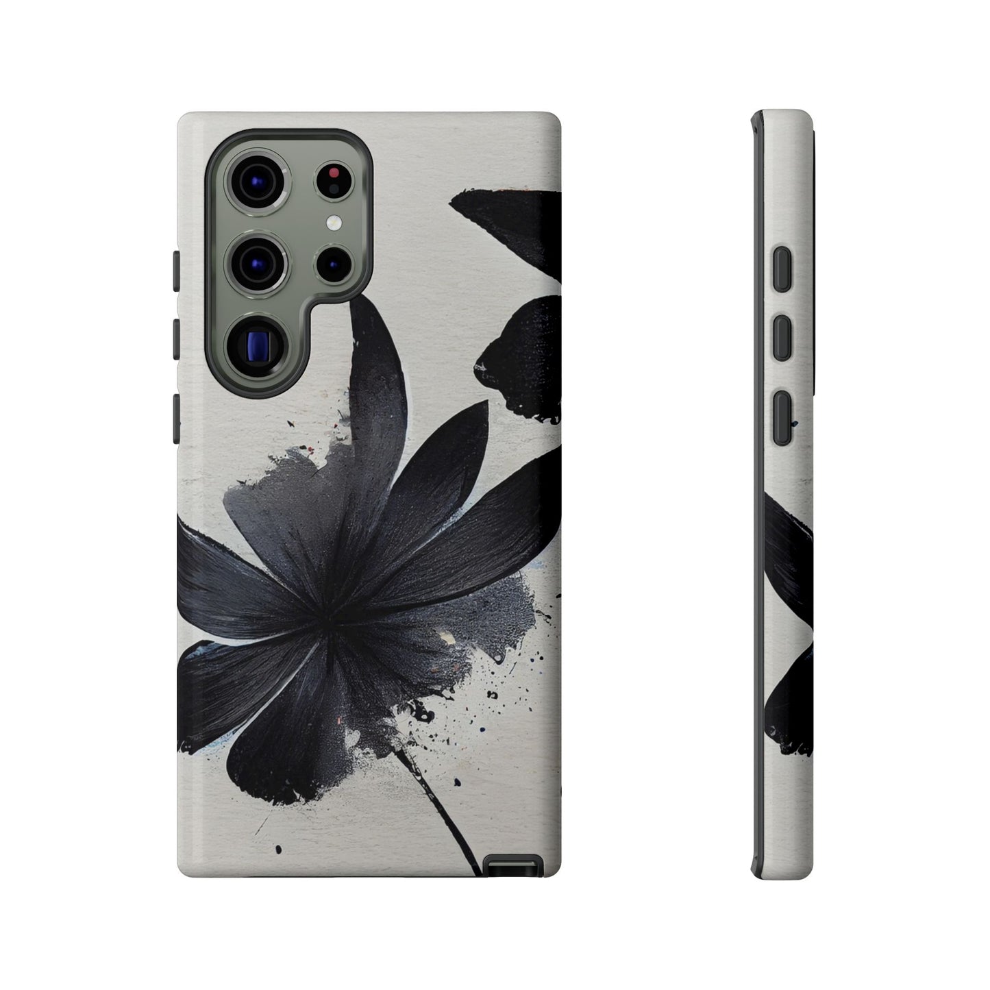 Monochrome Floral Tough Phone Case — Black Ink Flower Protective Cover