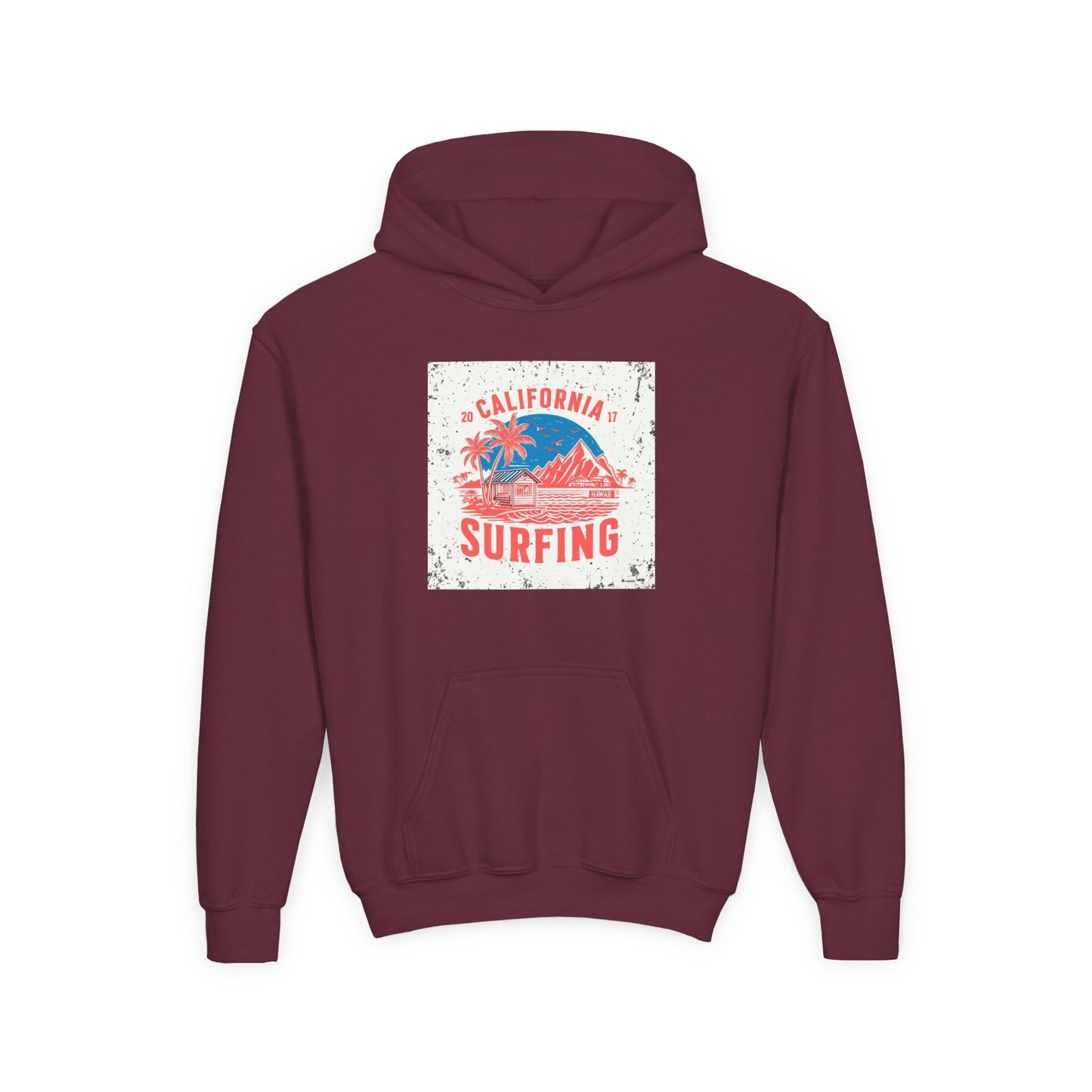 California Surfing Youth Hoodie — Retro Beach Palm Tree Surf Graphic