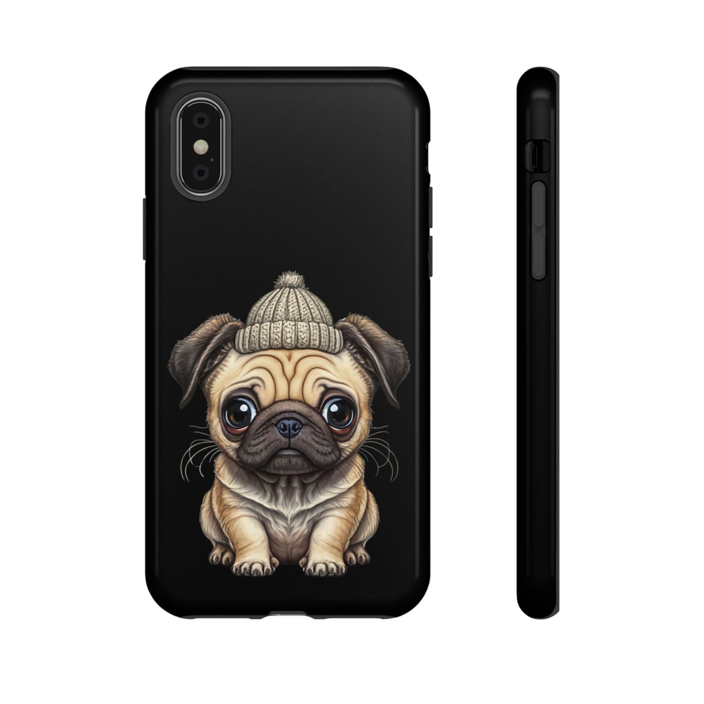 Pug Phone Case – Cute Pug Puppy Illustration on Black Tough Case