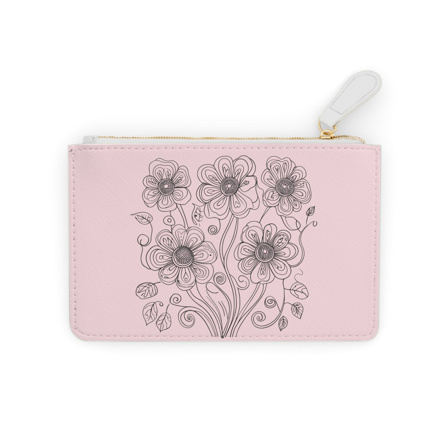 Floral Mini Clutch Bag — Pink Hand-Drawn Flower Zipper Pouch