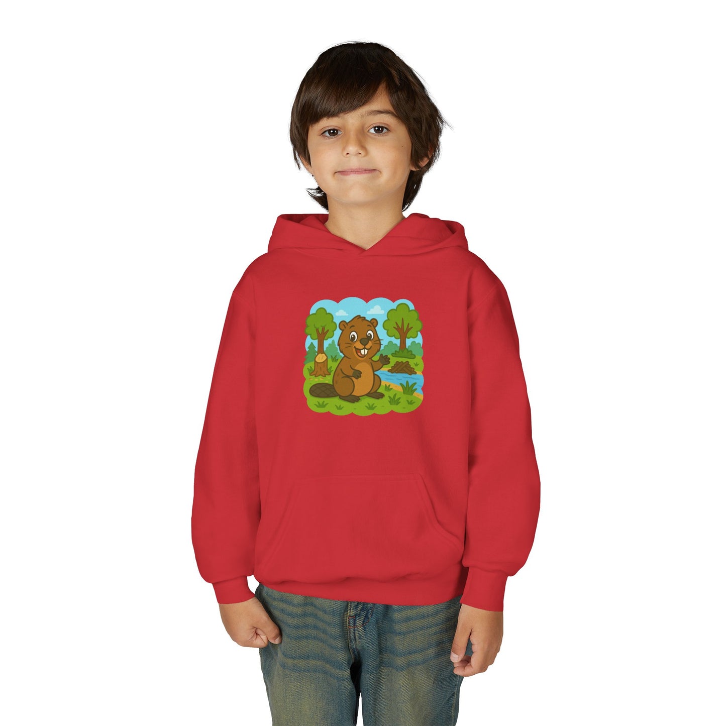 Cartoon Beaver Forest Scene Youth Hoodie | Woodland Animal Kids Sweatshirt