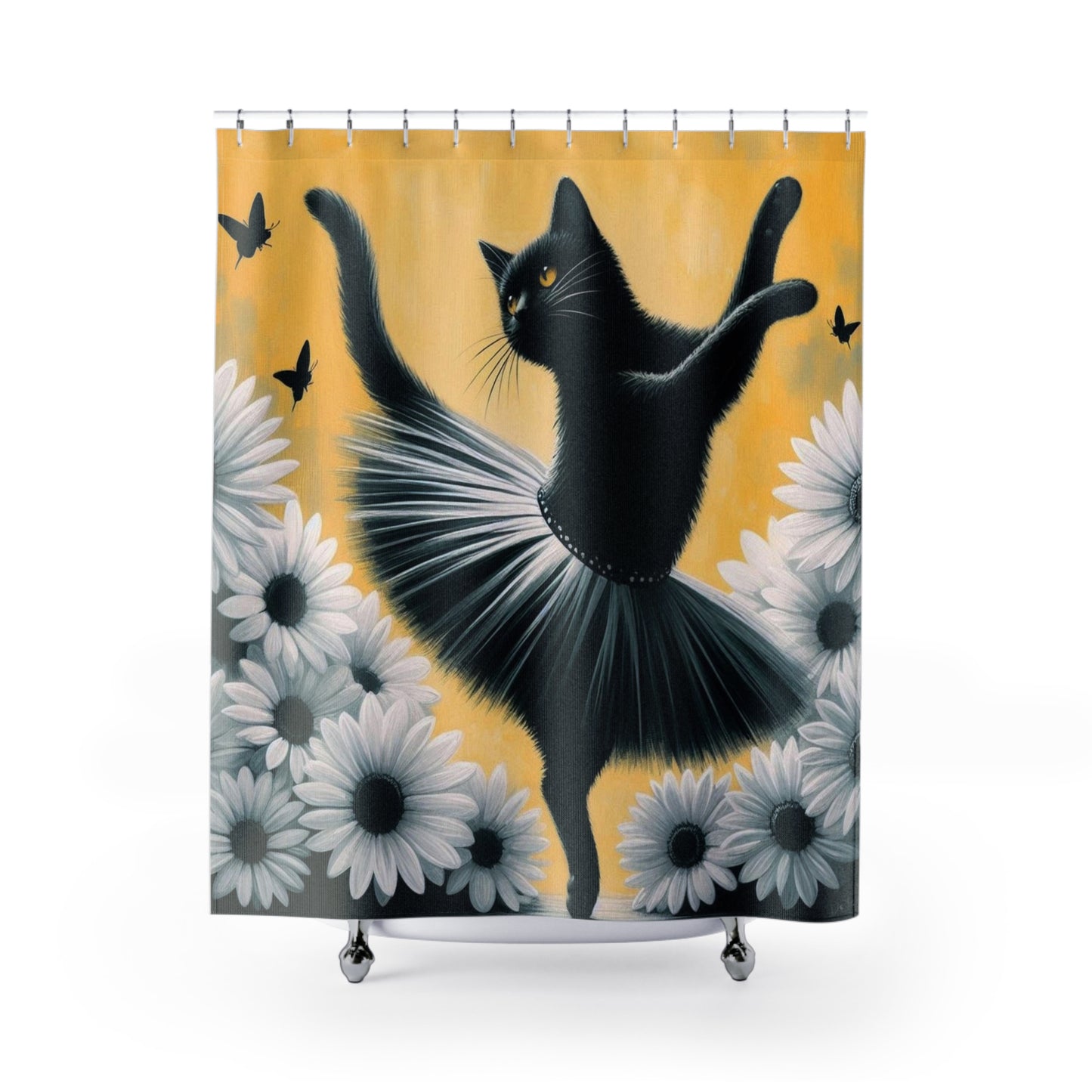 Black Cat Ballerina Shower Curtain — Dancing Cat with Daisies Bathroom Decor