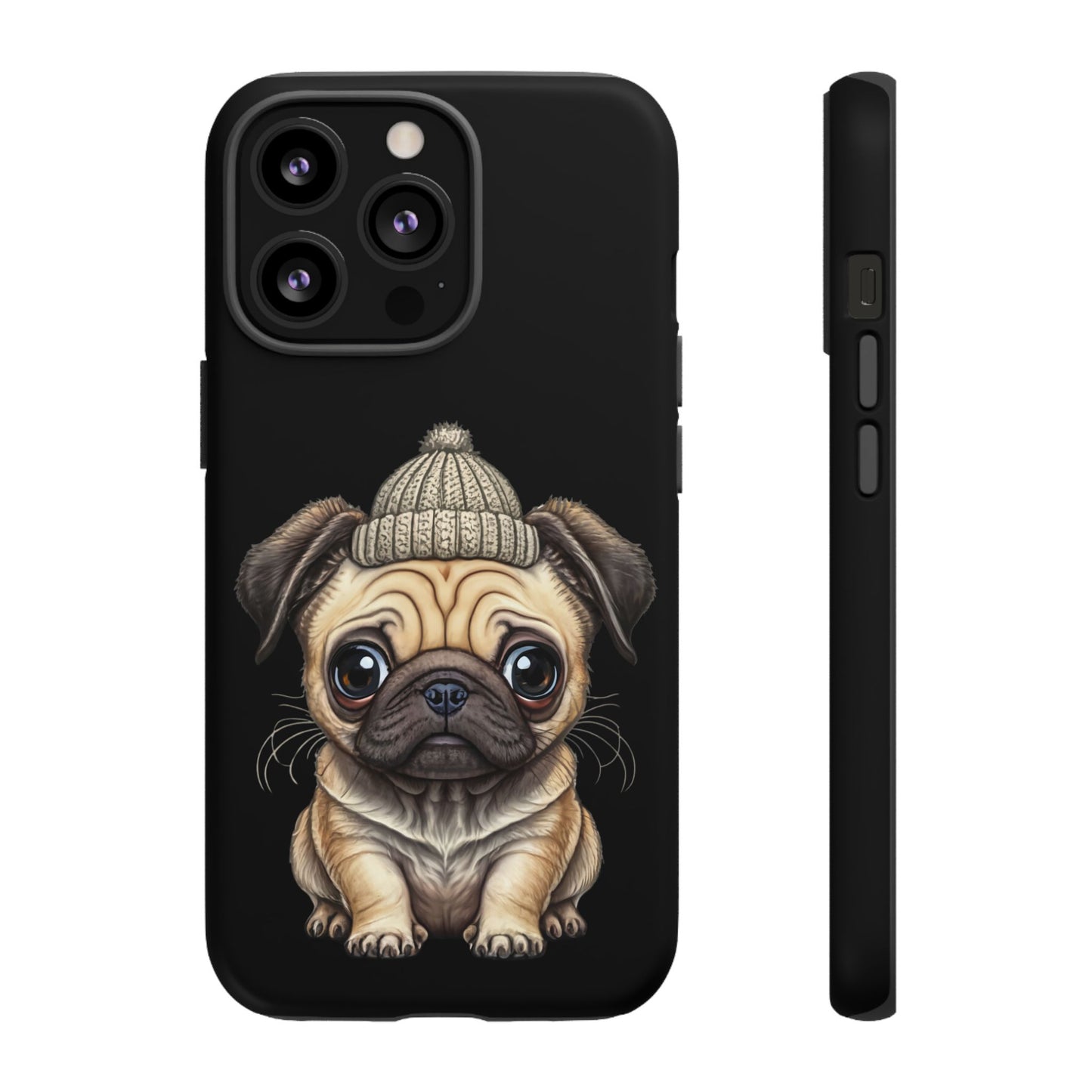 Pug Phone Case – Cute Pug Puppy Illustration on Black Tough Case