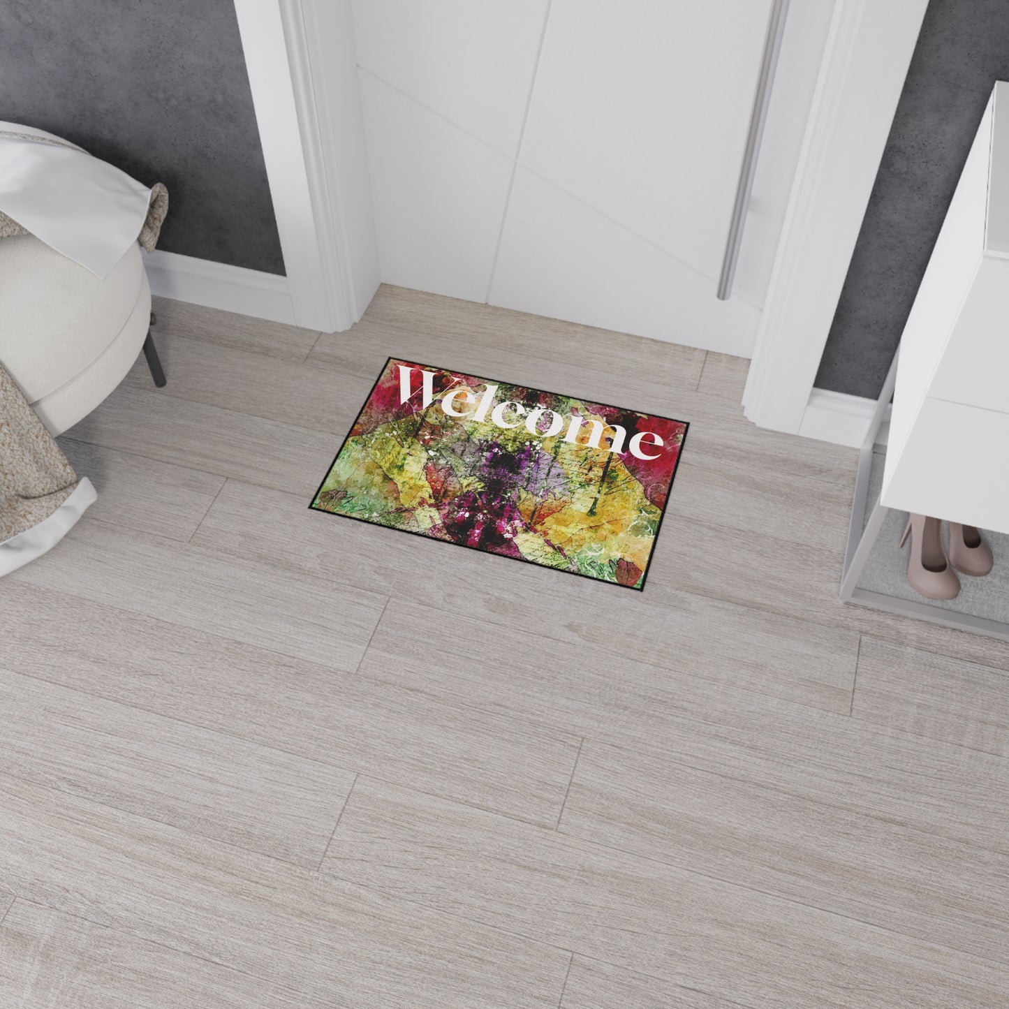 Welcome Floral Heavy Duty Floor Mat — Colorful Abstract Entry Rug